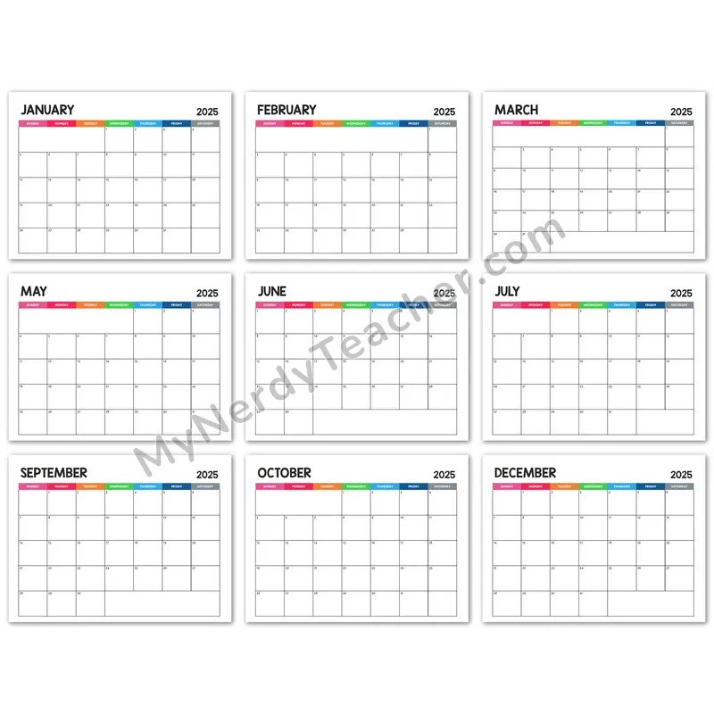 Printable 2025 Monthly Calendar — Colorful 7-day Layout