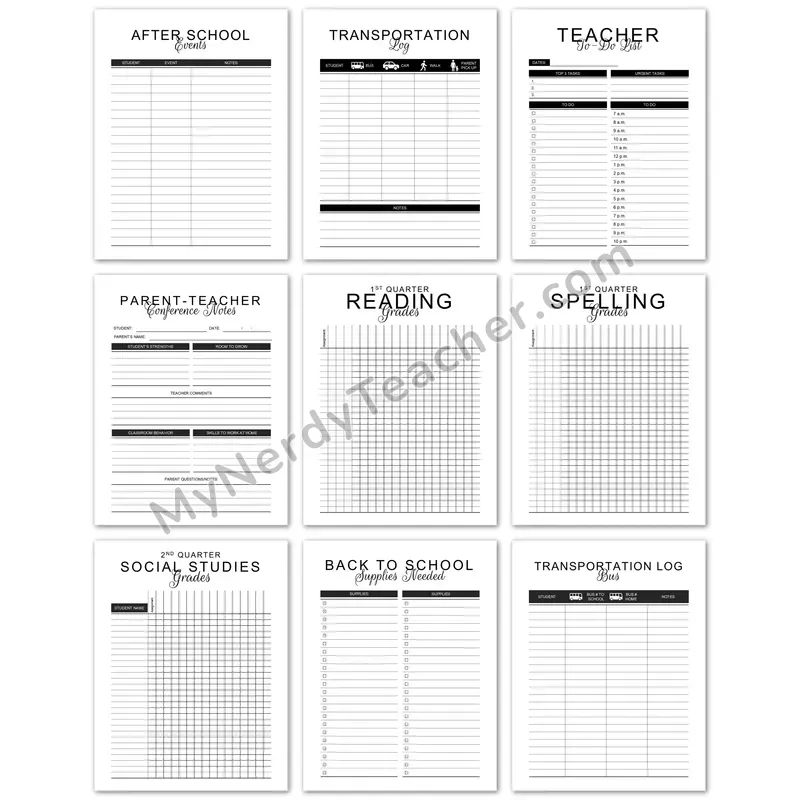 Editable Teacher Planner Forms Pack — Black and White
