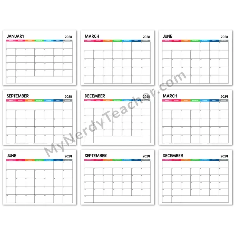 Printable 2028-2029 Monthly Calendar — Rainbow 7-day Layout