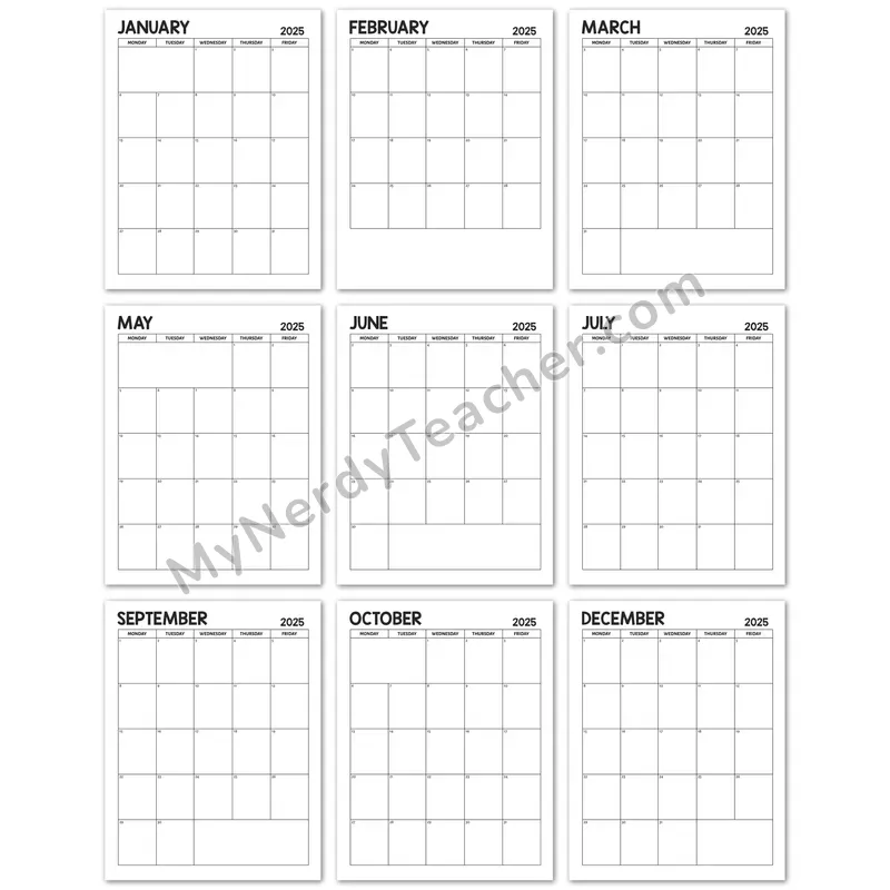 Printable 2025 Monthly Calendar — Classic Black and White 5-day Layout