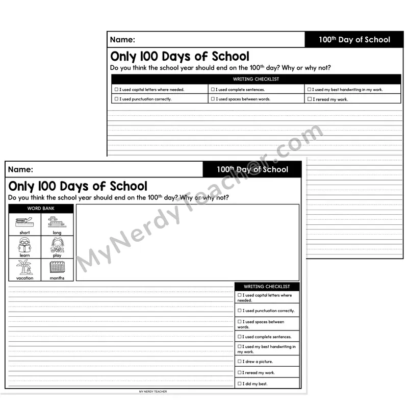 100th Day Opinion Writing Prompt — Only 100 Days of School