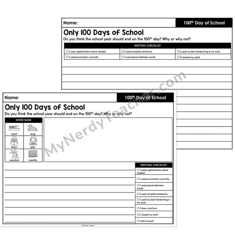 100th Day Opinion Writing Prompt (Lined) — Only 100 Days of School