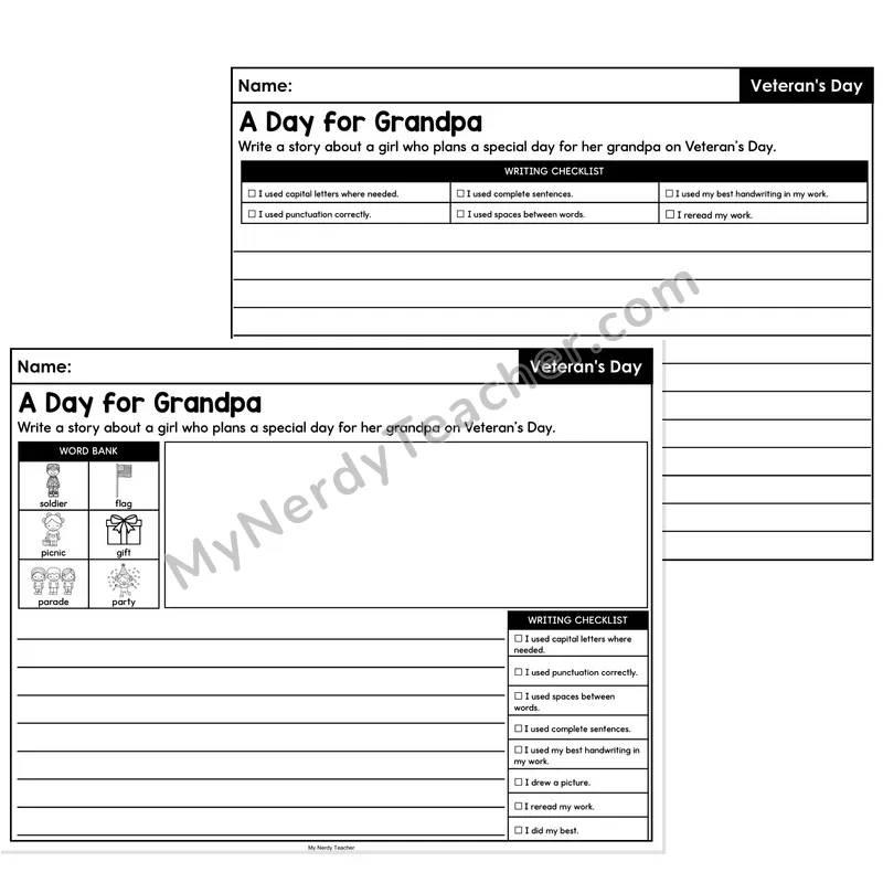 Veteran's Day Narrative Writing Prompt (Lined) — A Day for Grandpa