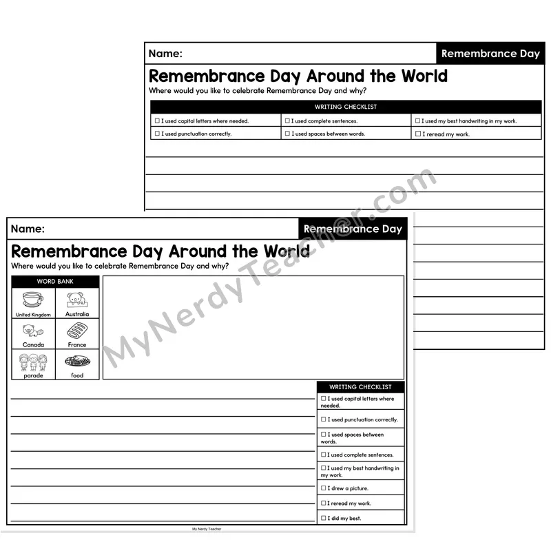 Remembrance Day Opinion Writing Prompt (Lined) — Remembrance Day Around the World