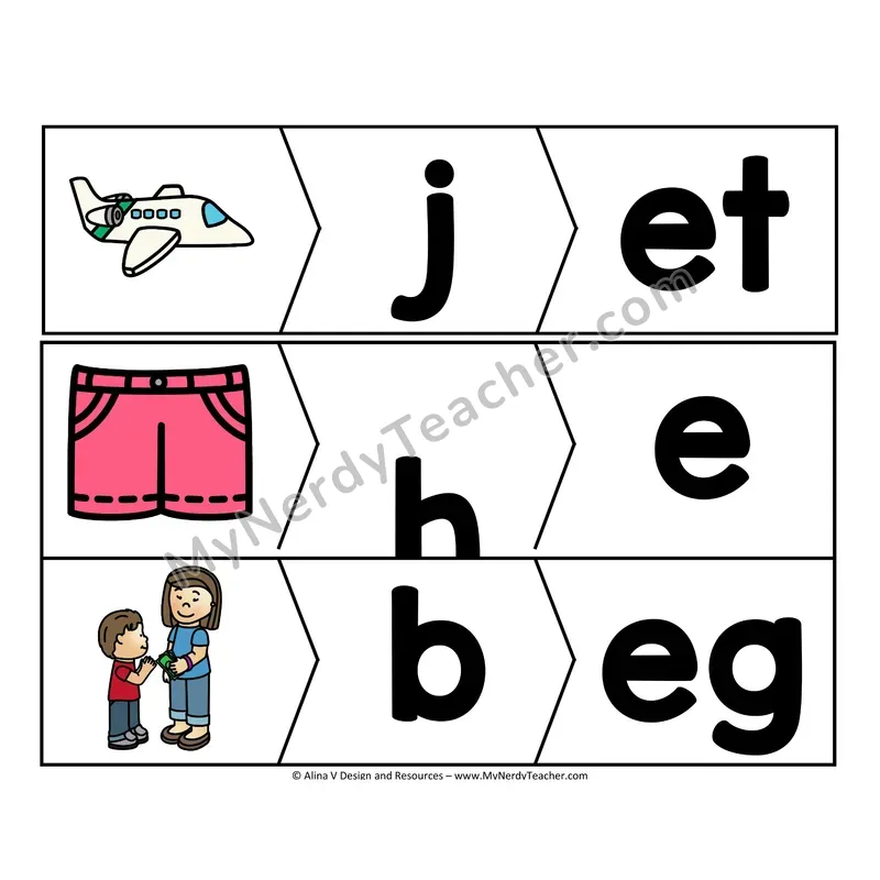 CVC Word Puzzles — Short E Picture and Letter Match Activity
