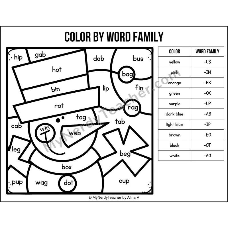 Color by Word Family — Winter CVC Short Vowel Coloring 2