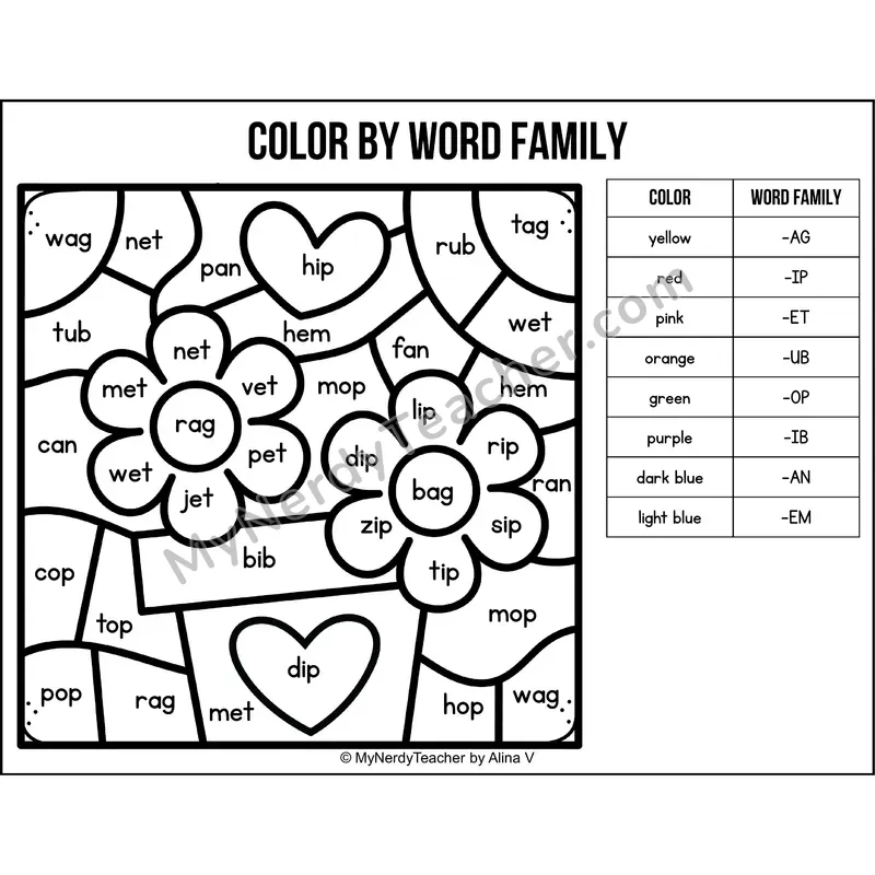 Color by Word Family — Valentines Day CVC Short Vowel Coloring 6