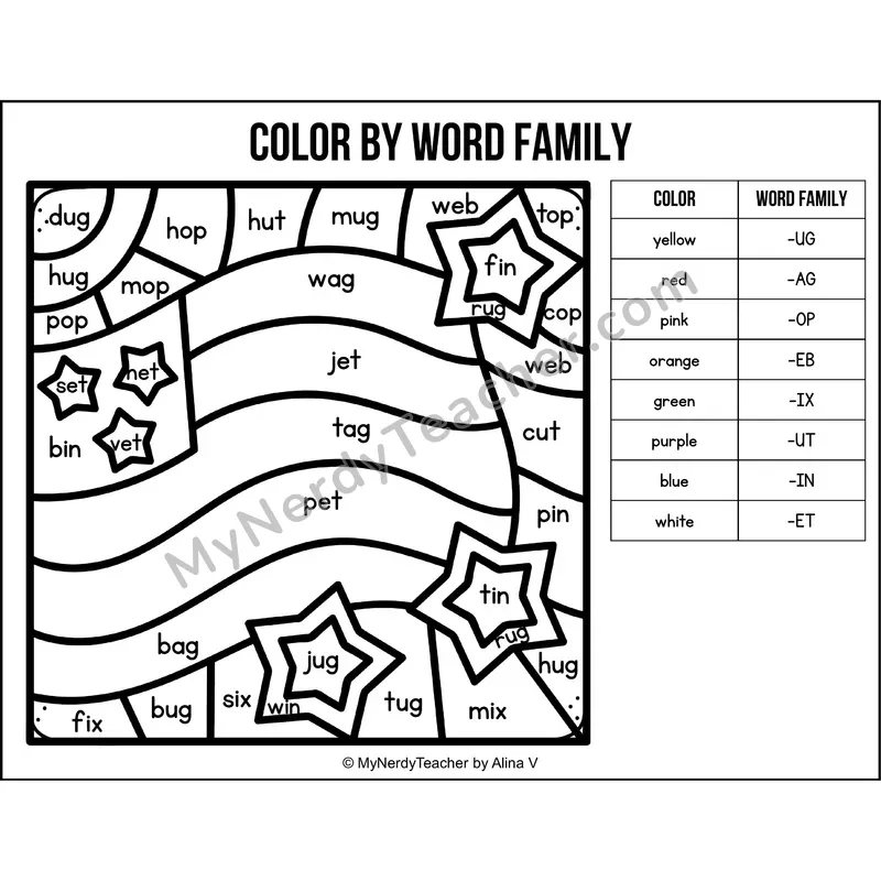 Color by Word Family — Veterans Day CVC Short Vowel Coloring 1