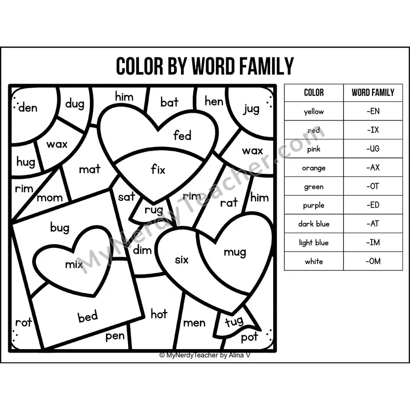 Color by Word Family — Valentines Day CVC Short Vowel Coloring 5