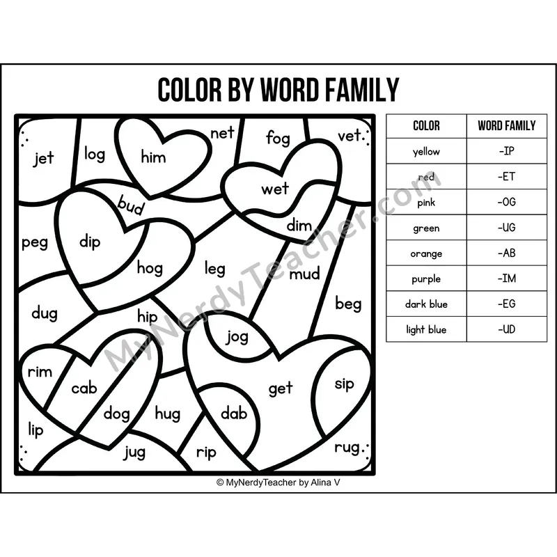 Color by Word Family — Valentines Day CVC Short Vowel Coloring 4