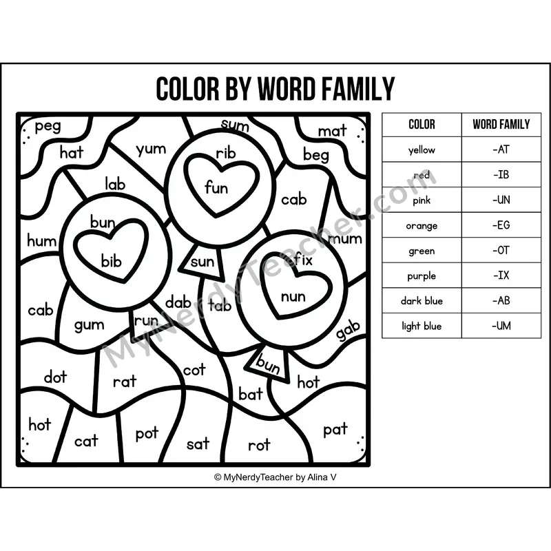 Color by Word Family — Valentines Day CVC Short Vowel Coloring 1