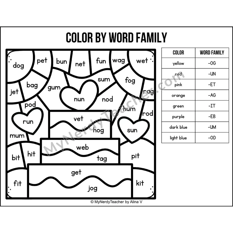 Color by Word Family — Valentines Day CVC Short Vowel Coloring 2