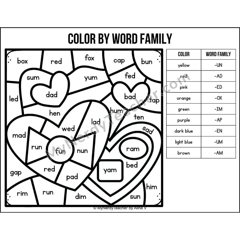 Color by Word Family — Valentines Day CVC Short Vowel Coloring 3
