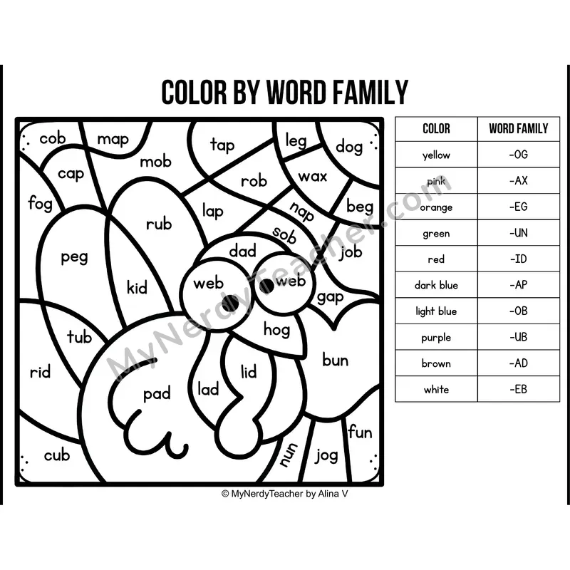 Color by Word Family — Thanksgiving CVC Short Vowel Coloring 3