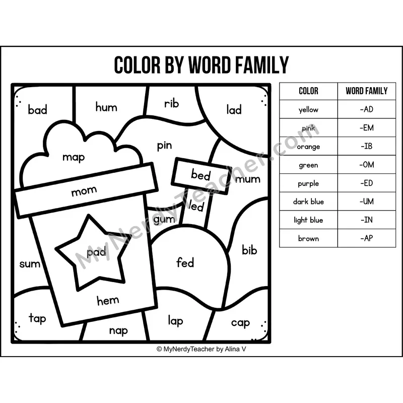 Color by Word Family — Summer CVC Short Vowel Coloring 2