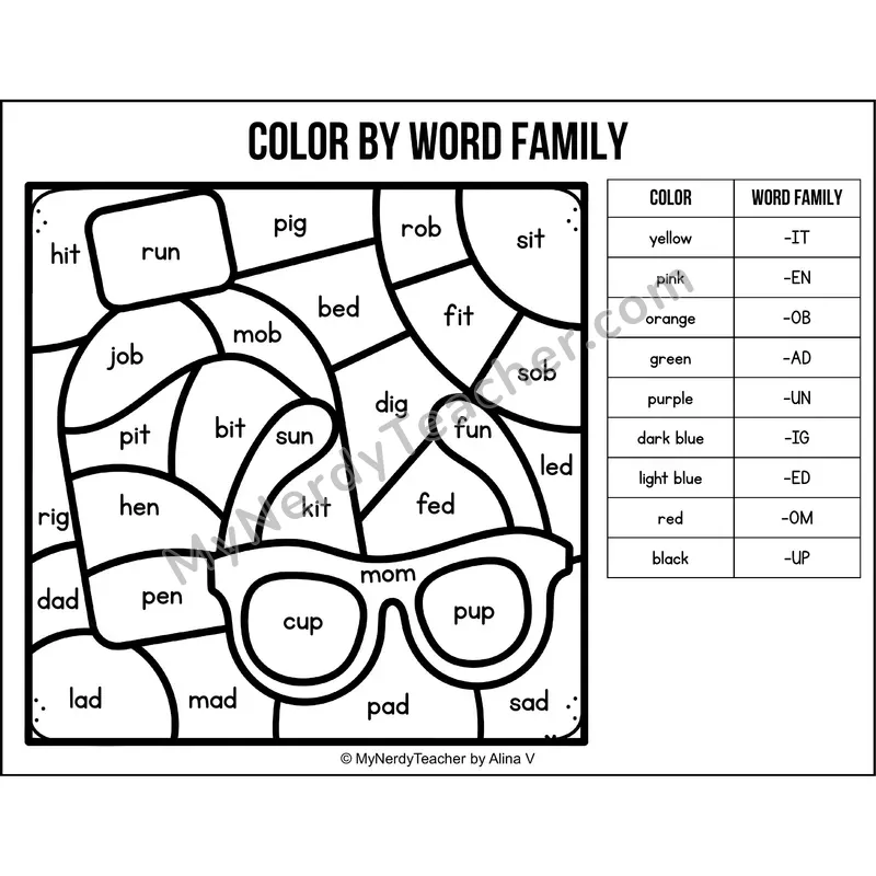 Color by Word Family — Summer CVC Short Vowel Coloring 5