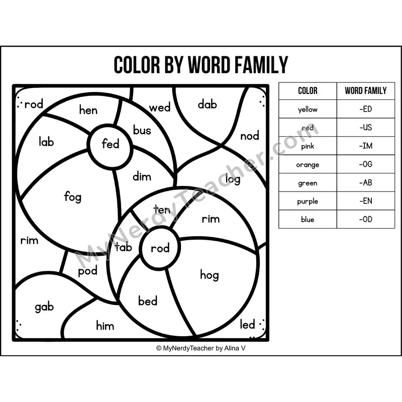 Color by Word Family — Summer CVC Short Vowel Coloring 1
