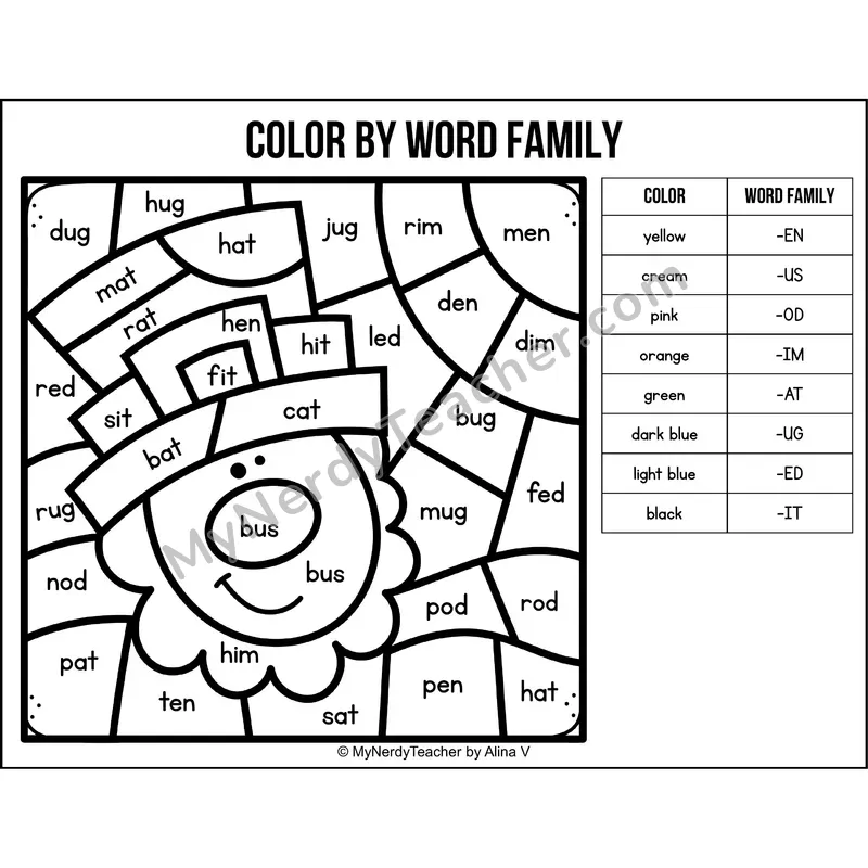 Color by Word Family — St Patricks Day CVC Short Vowel Coloring 3