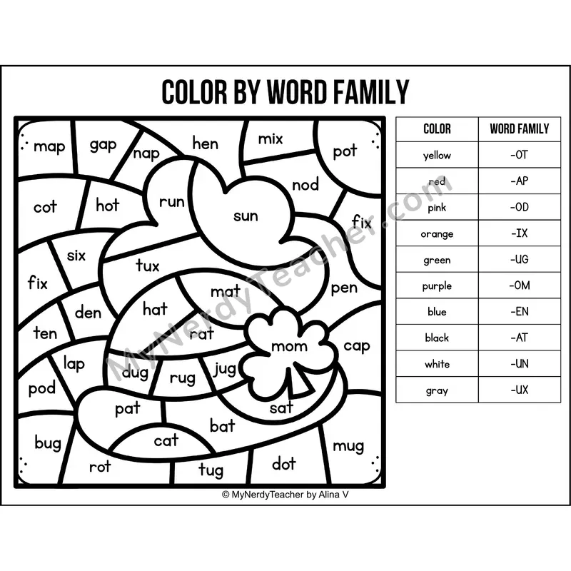 Color by Word Family — St Patricks Day CVC Short Vowel Coloring 6