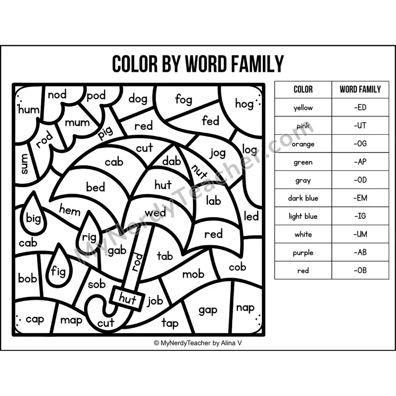 Color by Word Family — Spring CVC Short Vowel Coloring 1