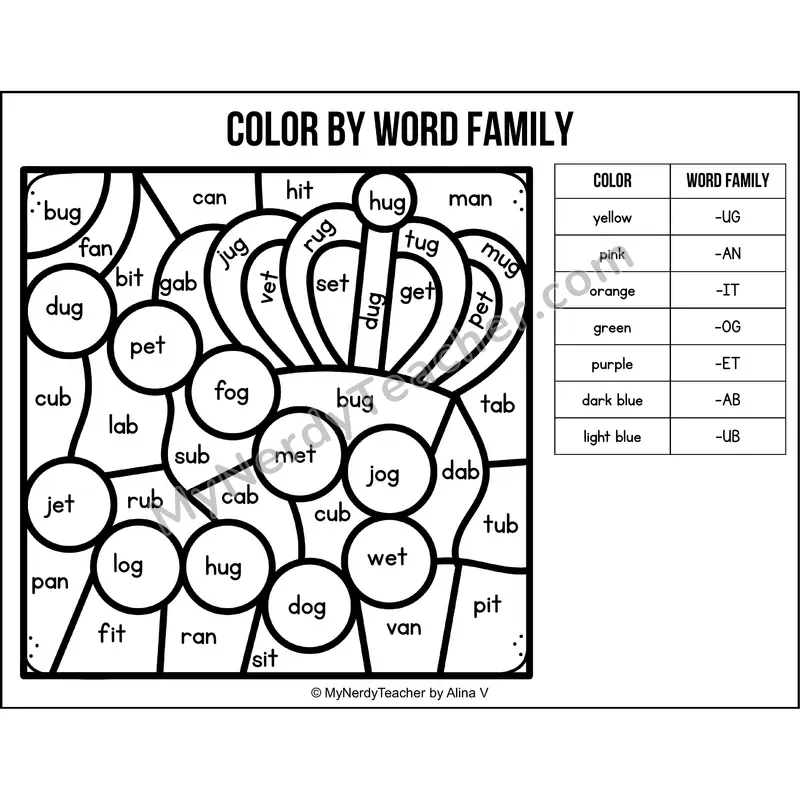Color by Word Family — Mardi Gras CVC Short Vowel Coloring 1