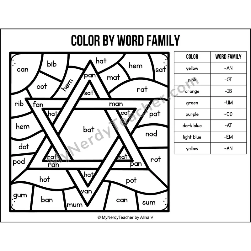 Color by Word Family — Hanukkah CVC Short Vowel Coloring 3