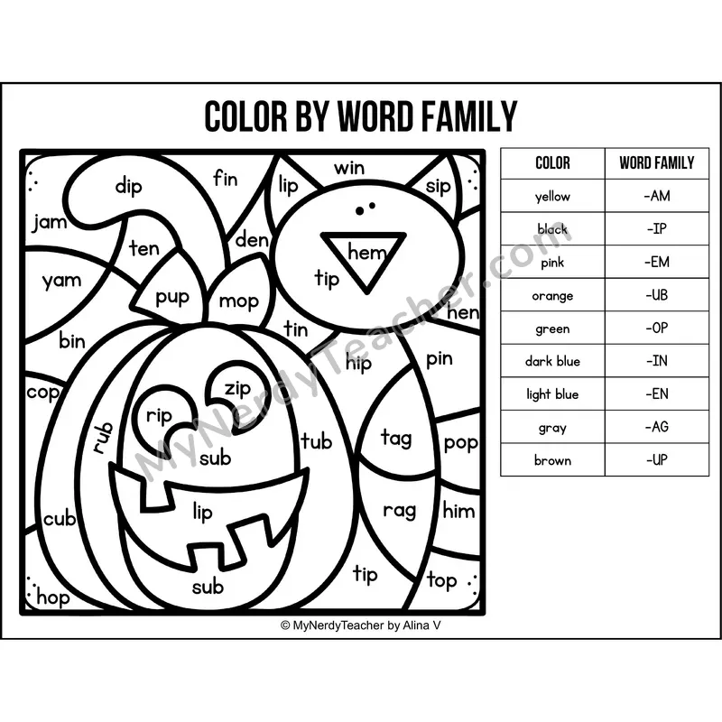 Color by Word Family — Halloween CVC Short Vowel Coloring 2