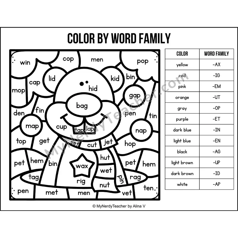 Color by Word Family — Groundhog Day CVC Short Vowel Coloring 5