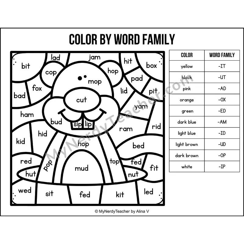Color by Word Family — Groundhog Day CVC Short Vowel Coloring 4
