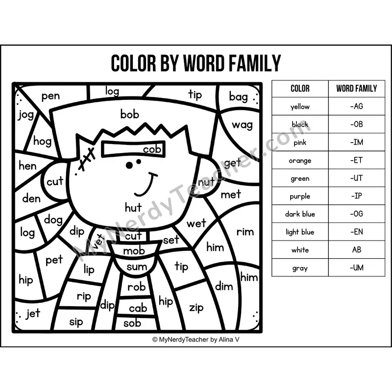 Color by Word Family — Halloween CVC Short Vowel Coloring 1
