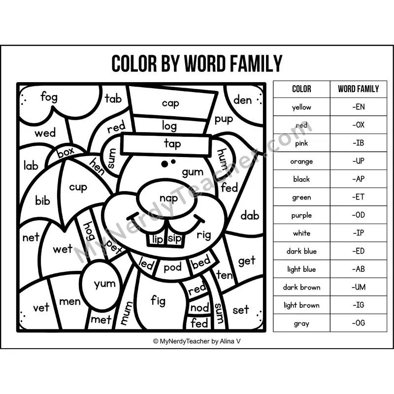Color by Word Family — Groundhog Day CVC Short Vowel Coloring 3