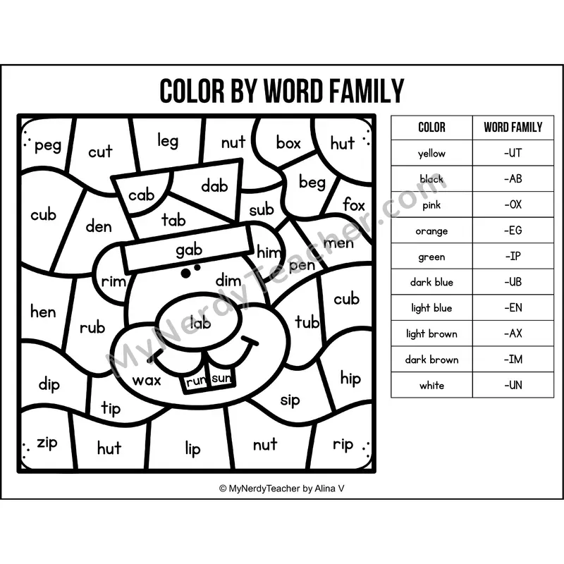 Color by Word Family — Groundhog Day CVC Short Vowel Coloring 2