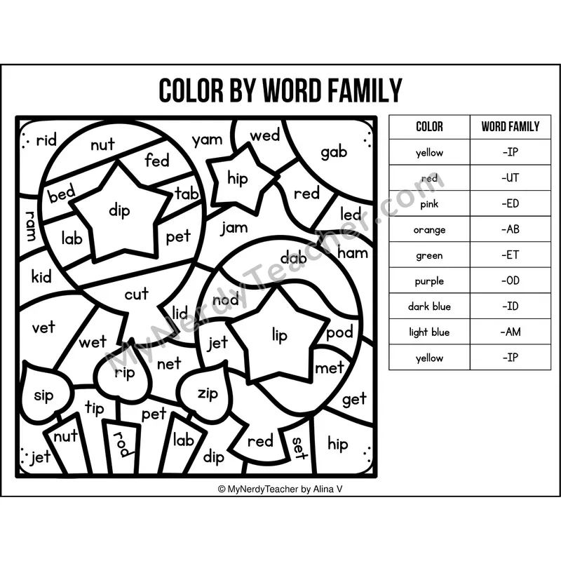 Color by Word Family — Birthdays CVC Short Vowel Coloring 6