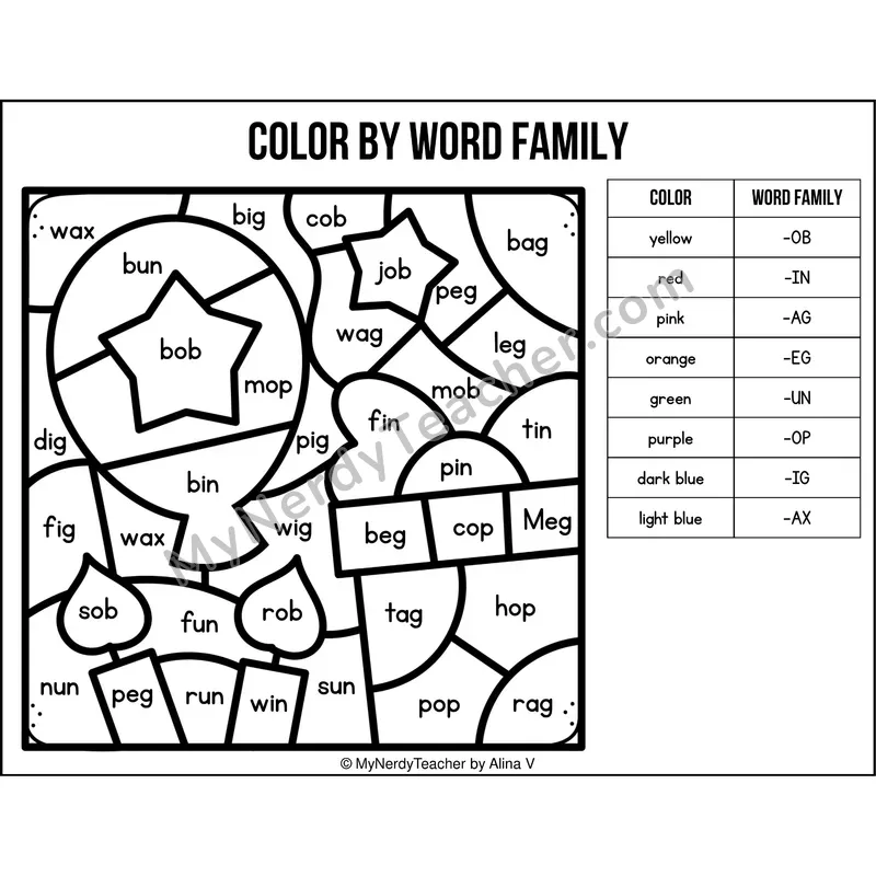 Color by Word Family — Birthdays CVC Short Vowel Coloring 2
