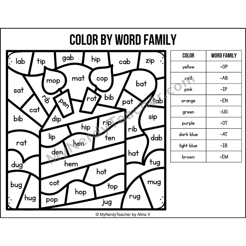 Color by Word Family — Birthdays CVC Short Vowel Coloring 4