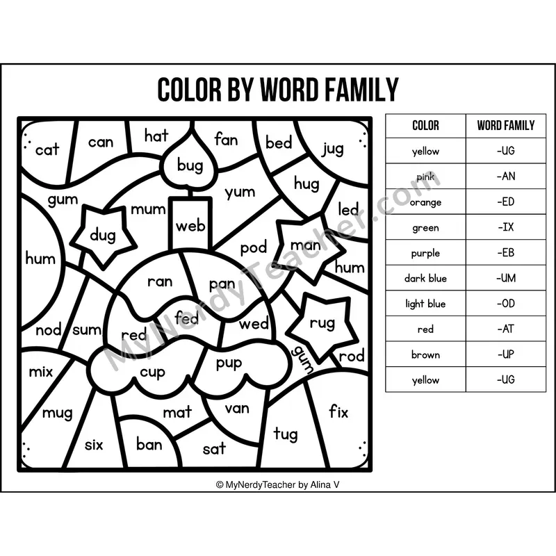 Color by Word Family — Birthdays CVC Short Vowel Coloring 1