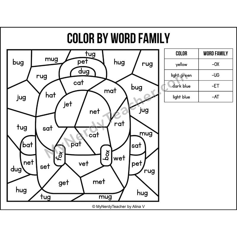Color by Word Family — Back to School CVC Short Vowel Coloring 1