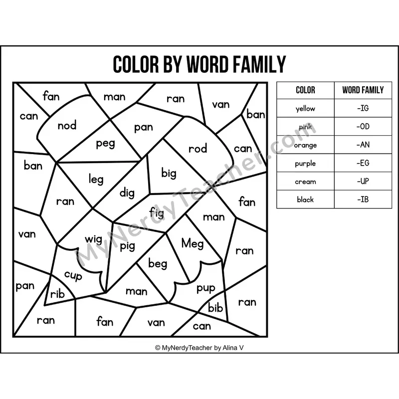 Color by Word Family — Back to School CVC Short Vowel Coloring 2