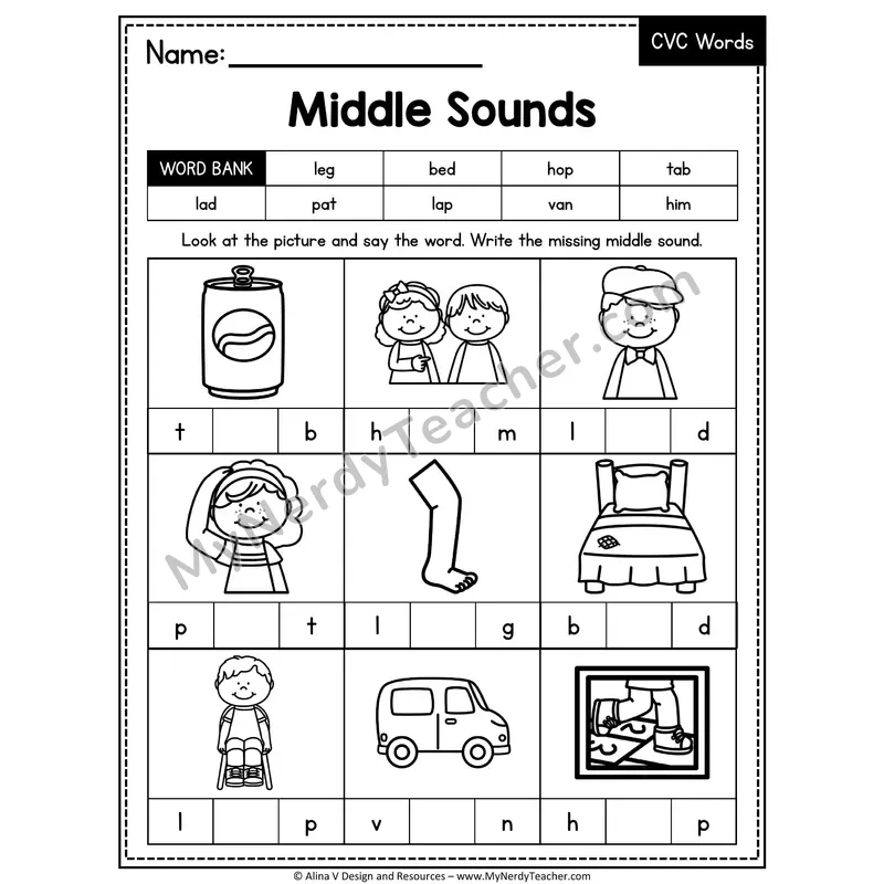 CVC Middle Sounds Mixed Vowels Worksheet — Write the Medial Vowel 16