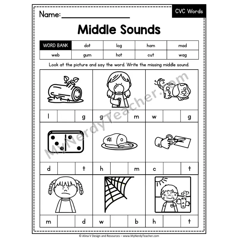 CVC Middle Sounds Mixed Vowels Worksheet — Write the Medial Vowel 15
