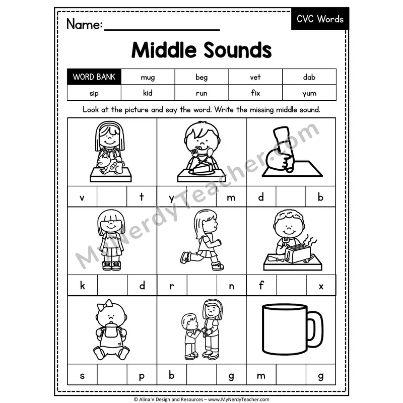 CVC Middle Sounds Mixed Vowels Worksheet — Write the Medial Vowel 17