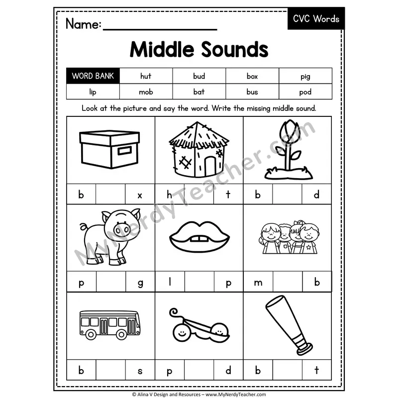 CVC Middle Sounds Mixed Vowels Worksheet — Write the Medial Vowel 14