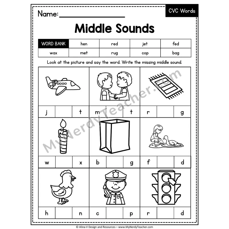 CVC Middle Sounds Mixed Vowels Worksheet — Write the Medial Vowel 10