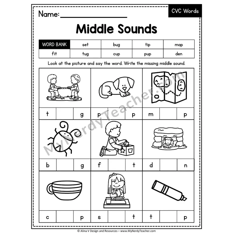 CVC Middle Sounds Mixed Vowels Worksheet — Write the Medial Vowel 13