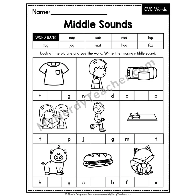 CVC Middle Sounds Mixed Vowels Worksheet — Write the Medial Vowel 12