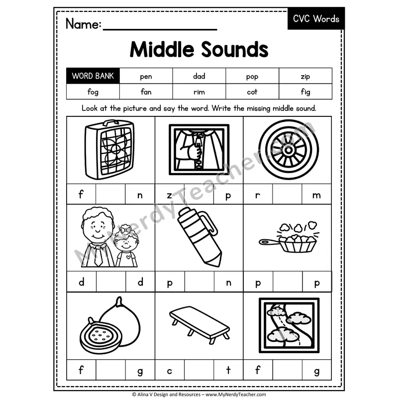 CVC Middle Sounds Mixed Vowels Worksheet — Write the Medial Vowel 11