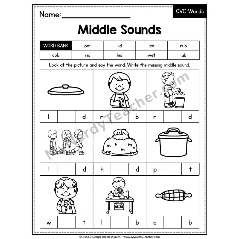 CVC Middle Sounds Mixed Vowels Worksheet — Write the Medial Vowel 7