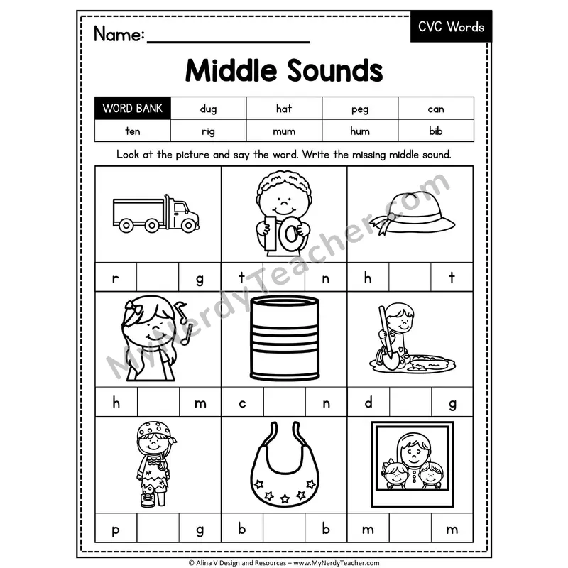 CVC Middle Sounds Mixed Vowels Worksheet — Write the Medial Vowel 4