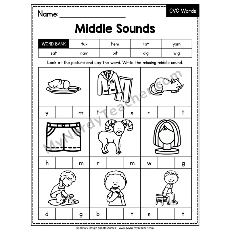 CVC Middle Sounds Mixed Vowels Worksheet — Write the Medial Vowel 8