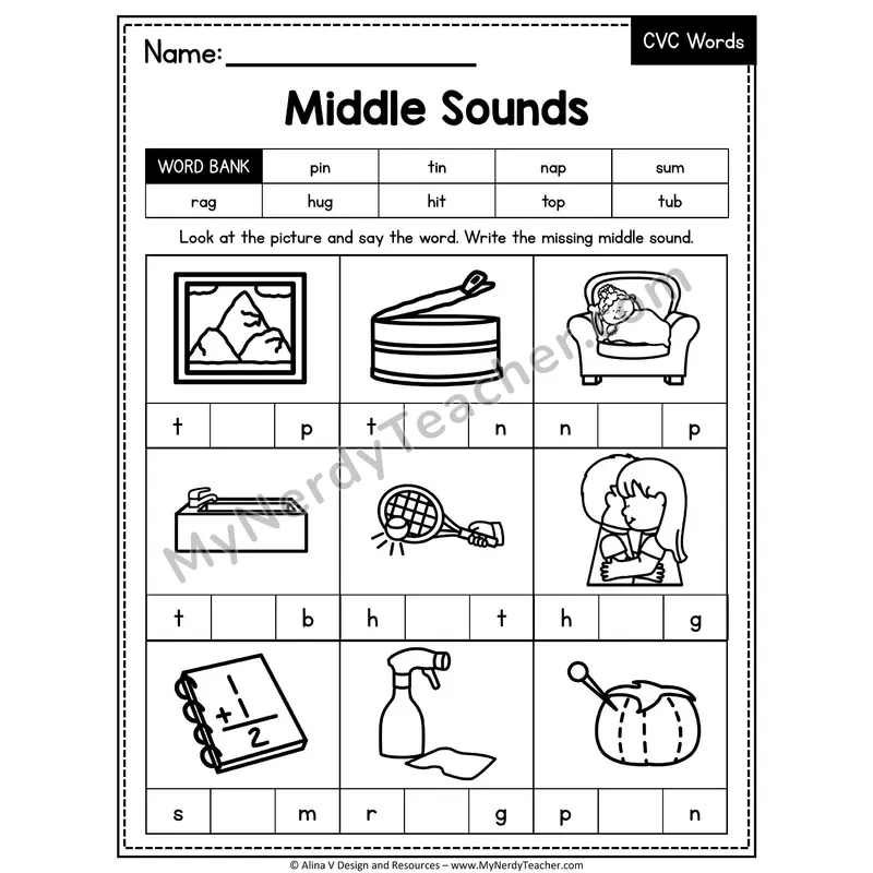 CVC Middle Sounds Mixed Vowels Worksheet — Write the Medial Vowel 5